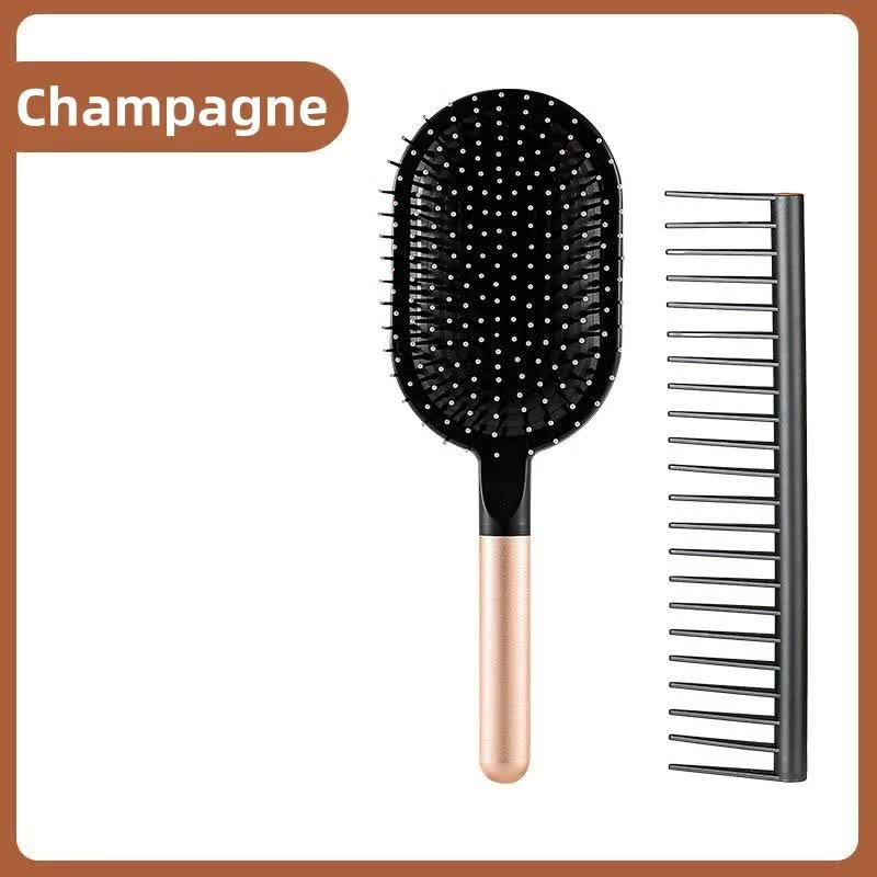 Champagne Air Cushion Massage Paddle Brush & Wide Tooth Comb Set – Gentle Detangling for All Hair Types