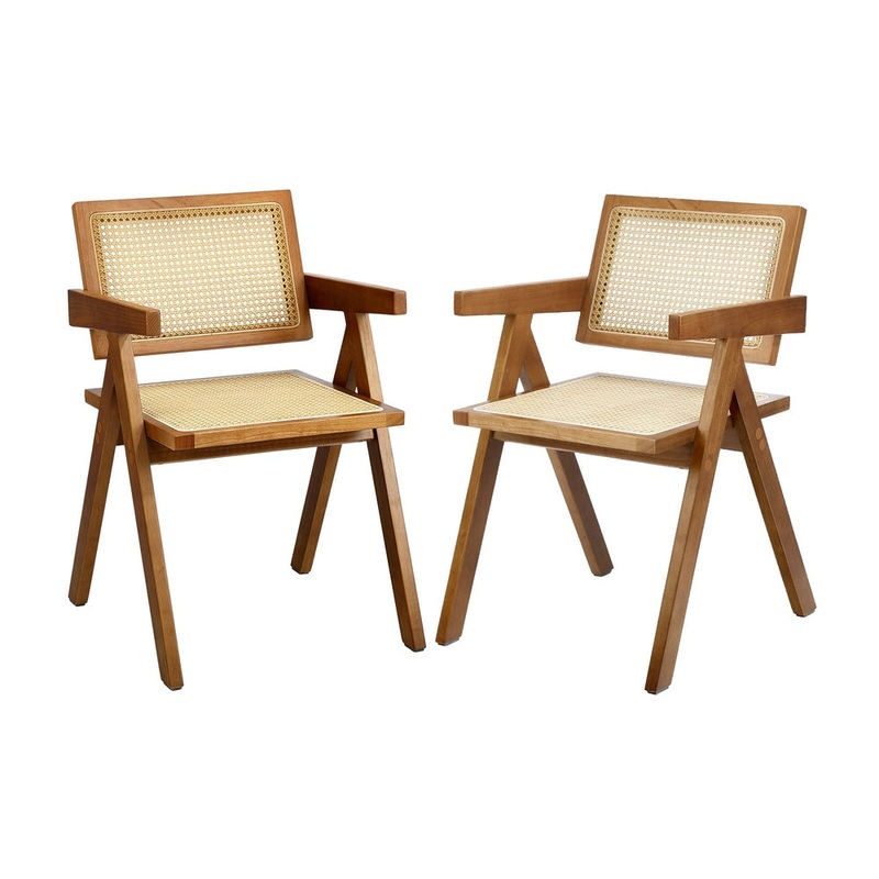 Oikiture 2x Dining Chairs Rattan Chair Wooden Walnut