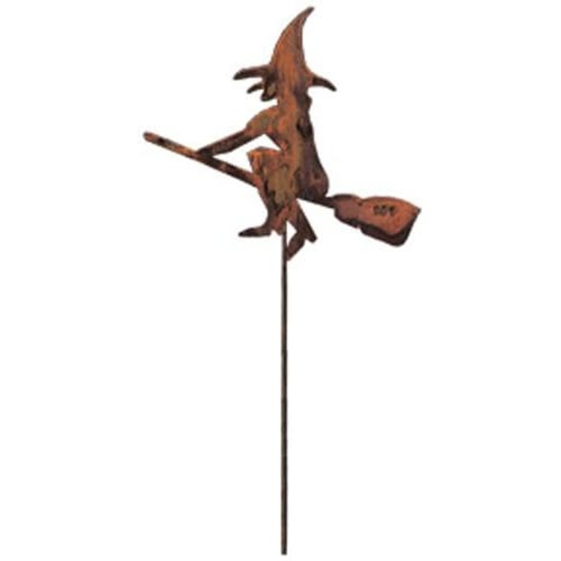 Village Wrought Iron RGS-26 Witch & Broom Rusted Garden Stake