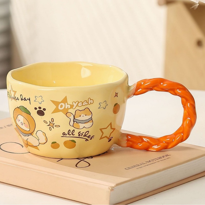 Whimsical Cat & Friends Ceramic Mug – 320ml with Unique Twisted Handle (Yellow)
