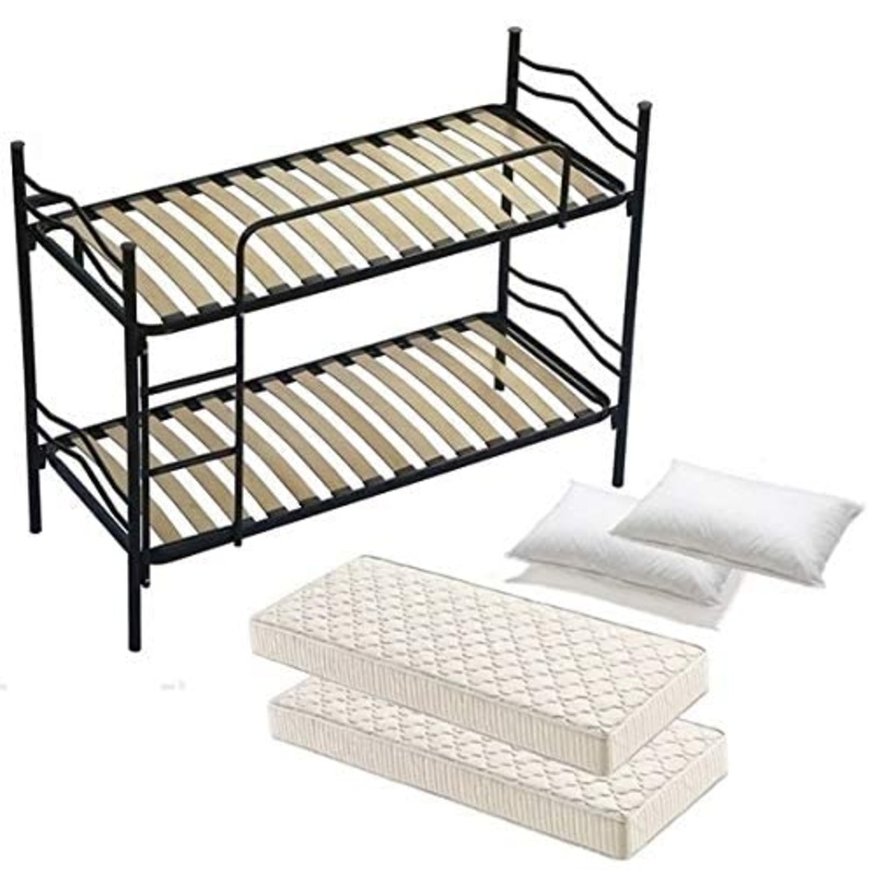 DOLCI SOGNI Letto a Castello per Adulti e Bambini 205×80 cm Altezza 150 cm, Colore Nero, Letti a Castello con 2 Rete Letto Singolo 80×190, 2 Materasso Singolo 80×190 Waterfoam, 2 Cuscini Anallergici