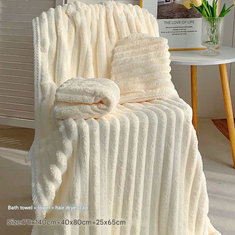 White Plush Ribbed Coral Fleece 3-Piece Towel Set – Ultra Soft & Absorbent Bath, Hand Towel and Hair Wrap