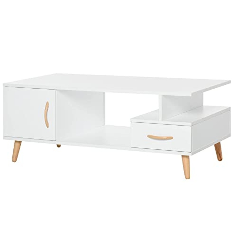 HOMCOM Tavolino da Salotto Moderno con Anta e Cassetto, Mobile Basso per Soggiorno e Ufficio Bianco, 100x50x40cm