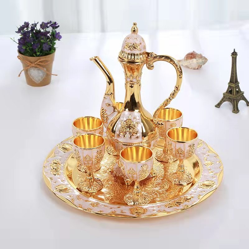 Vintage Palace Style Liquor Serving Set – Metal Pot, 6 Cups & Tray (White Gold)