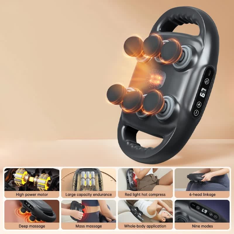 Dark Grey Advanced 6-Head Percussion Massager with Heat – Rechargeable Deep Tissue Muscle Relief Gun