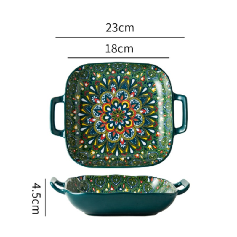Emerald Plume 9-Inch Bohemian Ceramic Double-Handled Square Plate