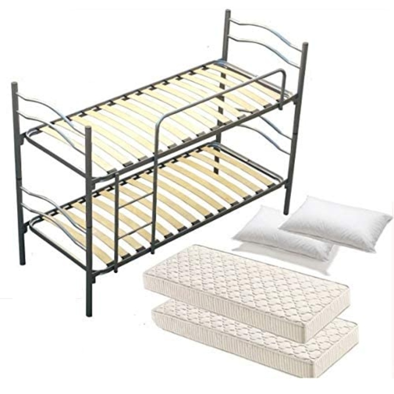 DOLCI SOGNI Letto a Castello per Adulti e Bambini 205×80 cm Altezza 150 cm, Colore Argento, Letti a Castello con 2 Rete Letto Singolo 80×190, 2 Materasso Singolo 80×190 Waterfoam 2 Cuscini Anallergici