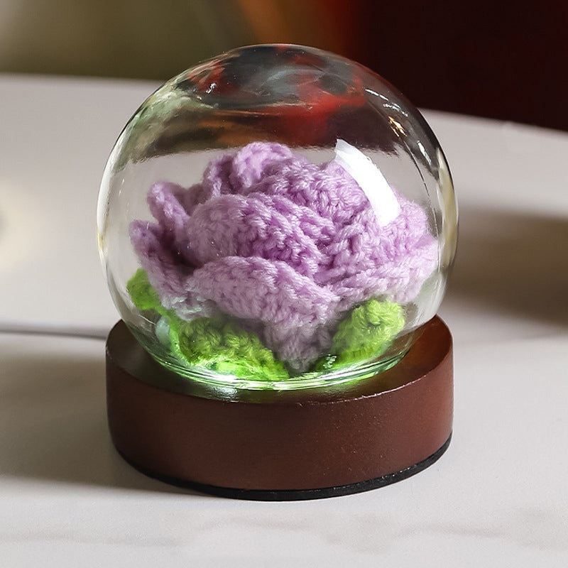 Purple Rose Handcrafted Crochet Flower LED Night Light – USB Rechargeable Glass Dome Lamp with Wood Base, 3 Color Modes