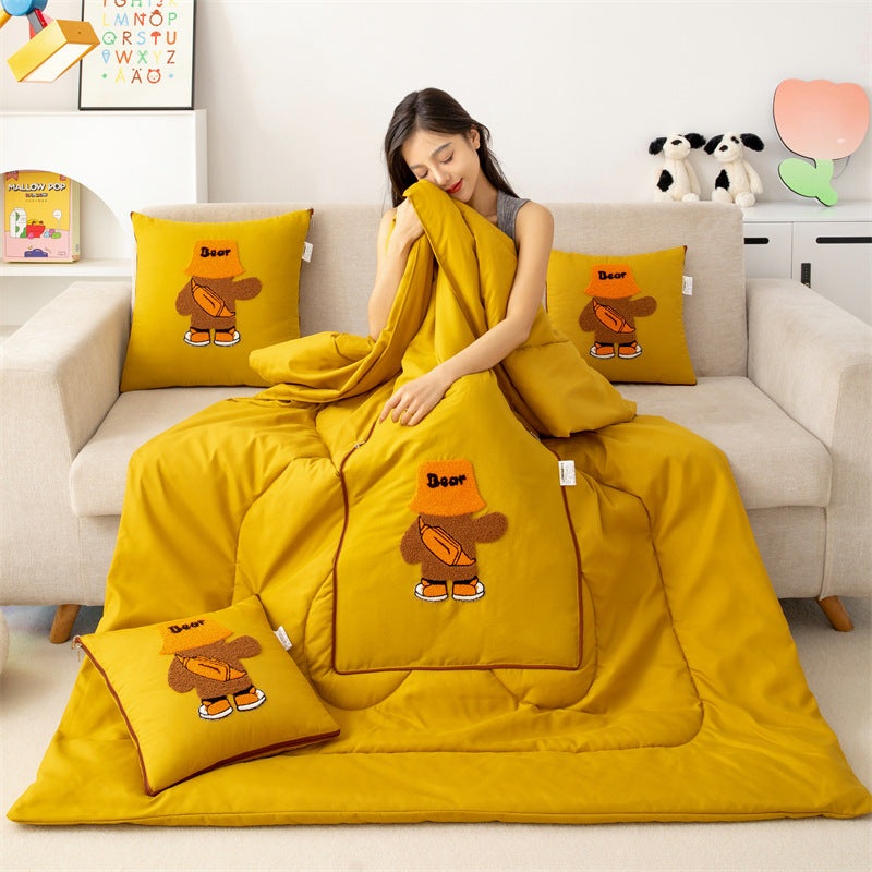 Yellow Fashion Bear 2-in-1 Foldable Car Pillow Blanket – Cozy 40x40cm Pillow, Unfolds to 100x150cm Blanket for Travel and Office Naps