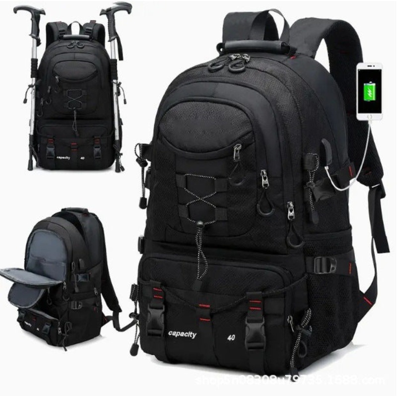 Black 40L Large Capacity Travel Backpack – Water-Resistant Hiking Rucksack with USB Charging Port