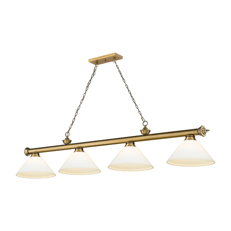 Cordon 4-Light Billiard Rubbed Brass Cone Matte Opal Glass