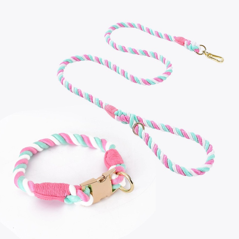 Handmade Rope Dog Collar and Leash Set – Colorful Woven Cotton (Pink – Size L)