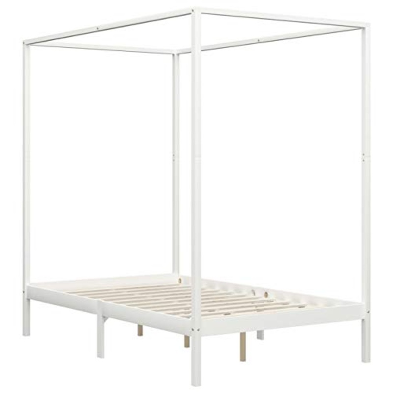 Lasamot Struttura Letto in Legno di Pino con 2 cassetti, Struttura a baldacchino per zanzariera, Staffa per Montante, Adatta per Materasso 140×200 cm (Materasso Non Incluso), Bianca