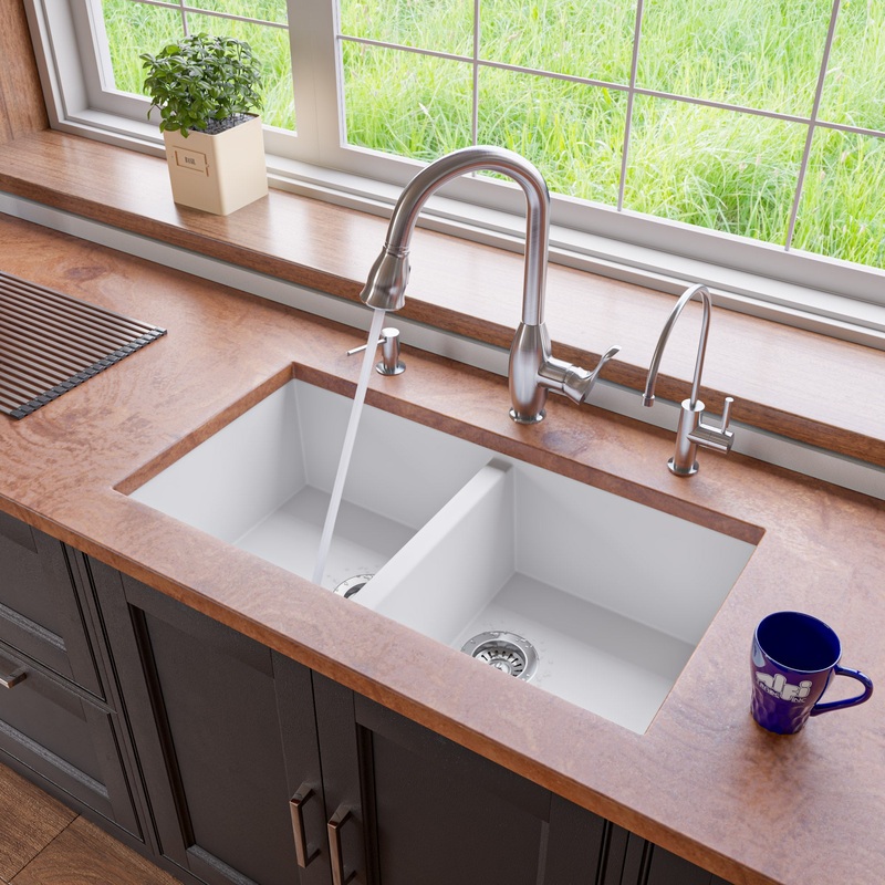 ALFI brand AB3420UM-W White 34″ Undermount Double Bowl Granite Composite Kitchen Sink