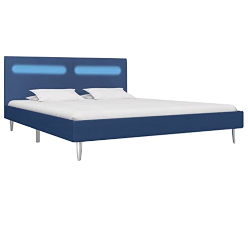 vidaXL Giroletto con Luci LED Imbottito Classico Elegante Telaio Letto Struttura in Metallo e Legno Gambe in Ferro Blu in Tessuto 160×200 cm