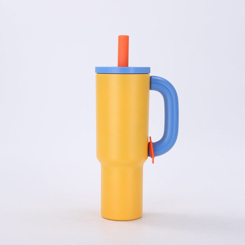 Yellow-blue 40oz Macron Stainless Steel Insulated Tumbler with Handle and Straw – 14.8 x 10.5 x 28 cm Large Capacity Car-Friendly Travel Mug