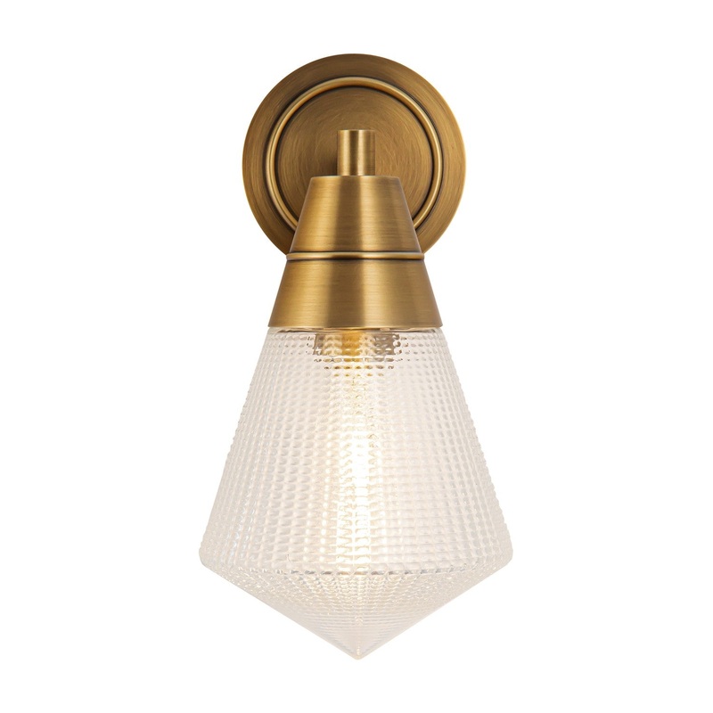 One Light Wall Sconce from the Willard Collection in Vintage Brass/Clear Prismatic Glass Finish by Alora