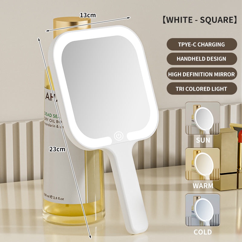 White Square Portable Handheld LED Makeup Mirror – USB-C Rechargeable with 3 Color Light Modes for On-The-Go Touch-Ups