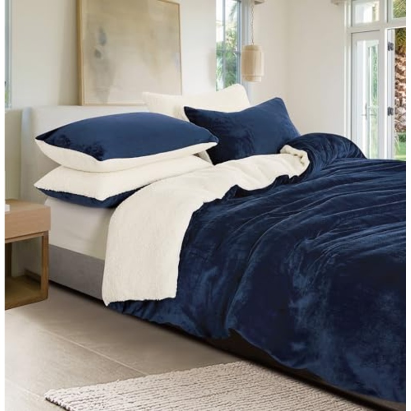 2-in-1 Teddy Sherpa Quilt Cover Set (Navy Blue, Queen)
