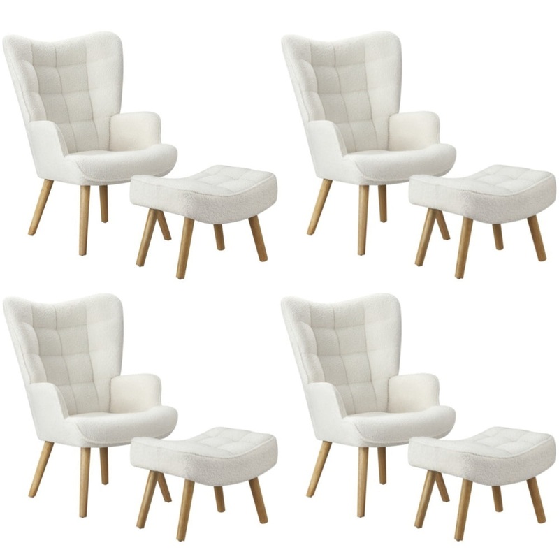 4x Armchair Lounge Chair Ottoman Sherpa Sofa White