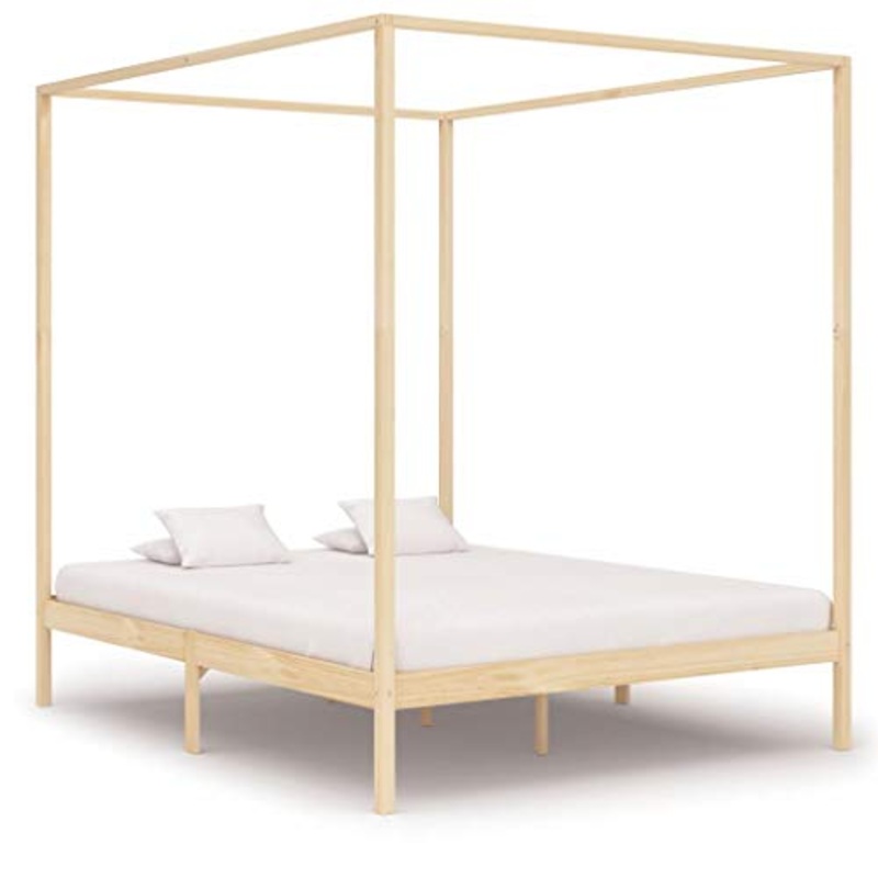 BIGTO – Struttura letto a baldacchino in legno di pino massiccio, per camera da letto, colore: marrone chiaro, 160 x 200 cm