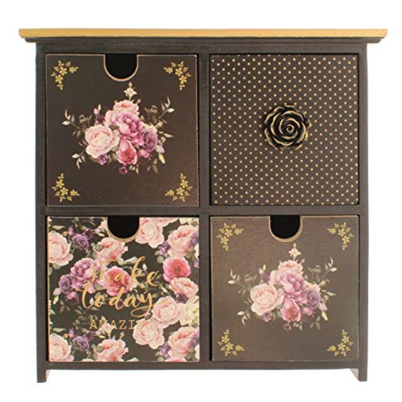 MIK Funshopping – Mini cassettiera con 4 cassetti, motivo floreale, 23 x 9 x 23 cm, colore: Nero