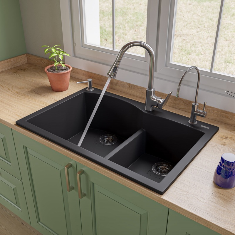 ALFI brand AB3320DI-BLA Black 33″ Double Bowl Drop In Granite Composite Kitchen Sink