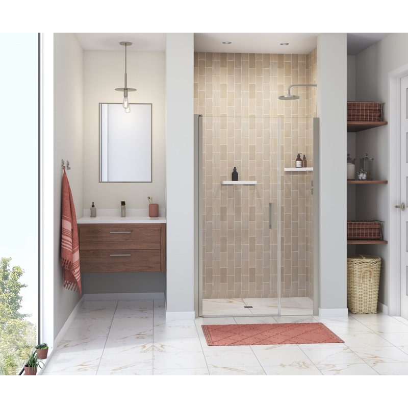 MAAX 138270-900-305-101 Manhattan 43-45 x 68 in. 6 mm Pivot Shower Door for Alcove Installation with Clear glass & Square Handle in Brushed Nickel