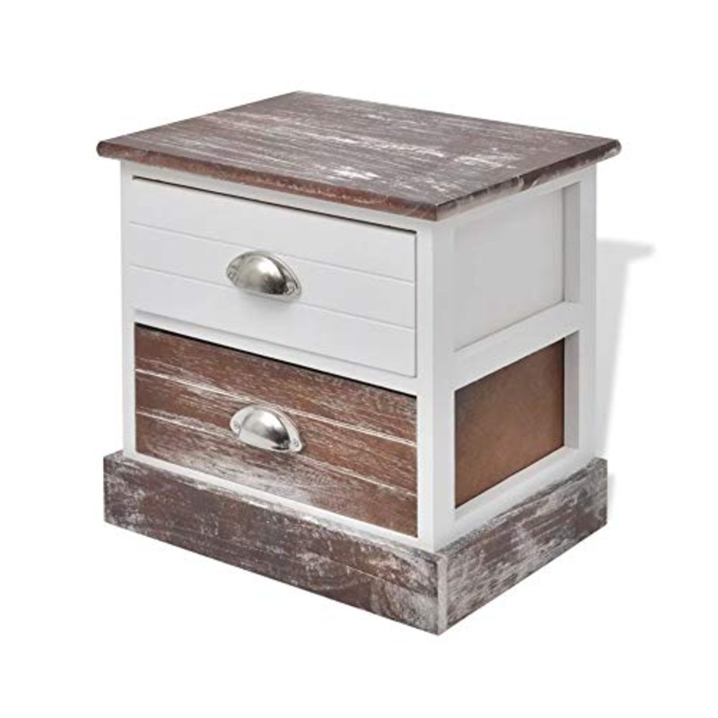 1 x comodino con 2 cassetti, comodino, in legno, design a punta di divano, pratico per camera da letto, soggiorno, ingresso, bianco e marrone