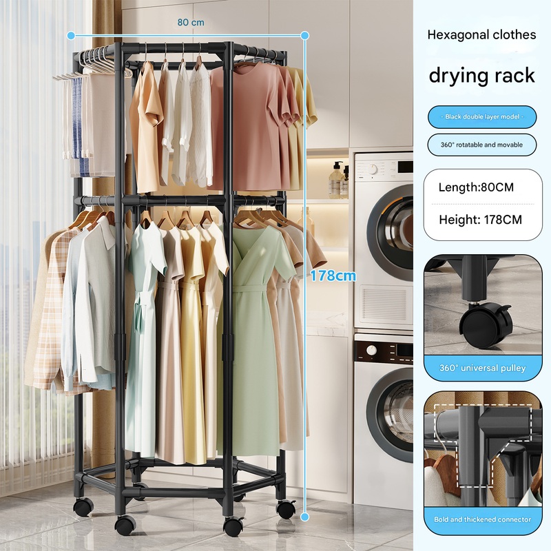 Black double layer  360 Rotating Portable Garment Rack – Heavy Duty Rolling Clothes Stand with Wheels for Bedroom & Laundry