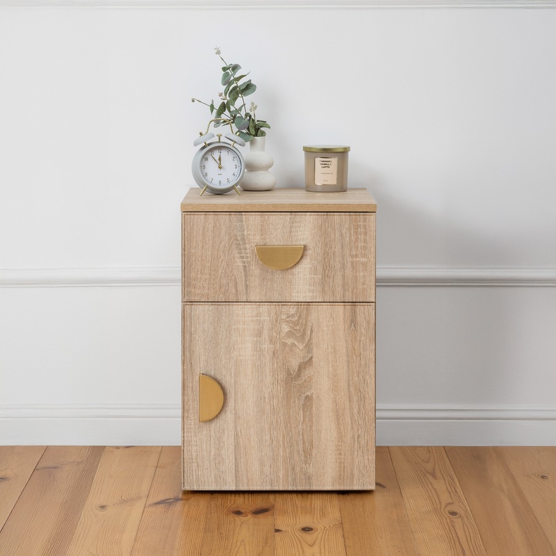 PORTO BEDSIDE TABLE – NATURAL OAK – SLIM – HALF MOON BRASS
