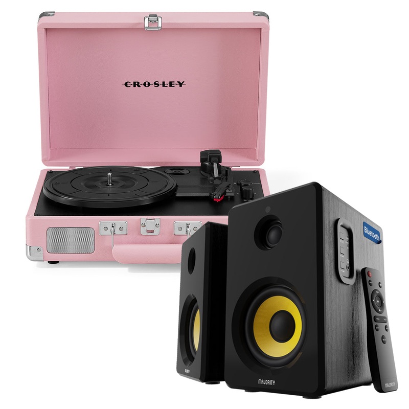 Crosley Cruiser Bluetooth Portable Turntable – Blush Pink + Bundled Majority D40X Bluetooth Speakers