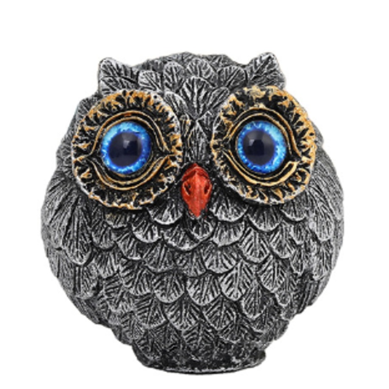 3Pcs Blue Small Decorative Resin Owl Figurine – Textured Statue with Blue Eyes