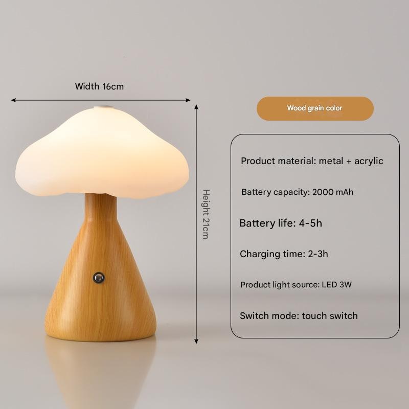 Woodgrain color Mushroom LED Table Lamp – Rechargeable, 3-Color Touch Dimmable, USB-C