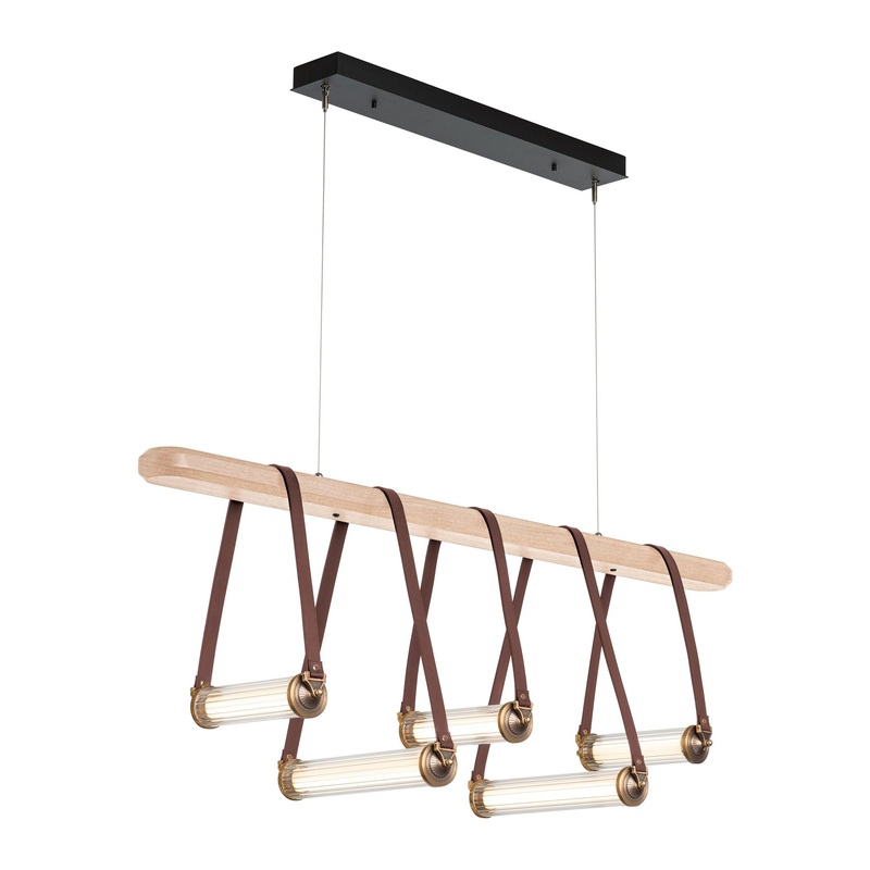 York Linear 5-Light LED Pendant Black Antique Brass with British Brown Leather Maple Wood